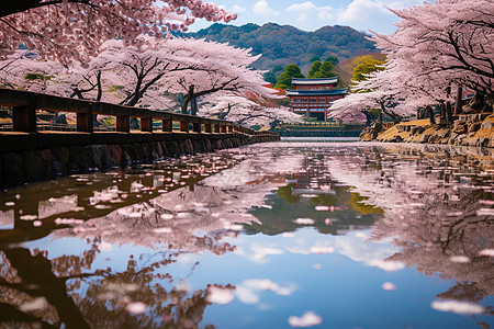 河面上飘落的樱花花瓣背景图片