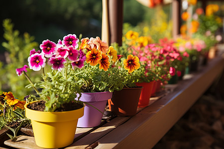 五彩缤纷的花卉阳台的盆栽背景