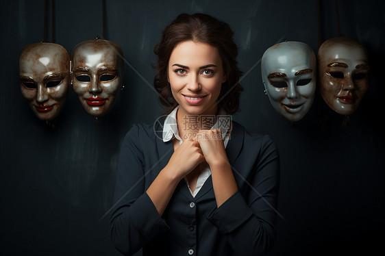 一位女性站在一排面具前图片