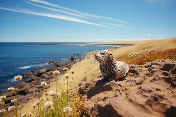 海边岩石上的海豹图片