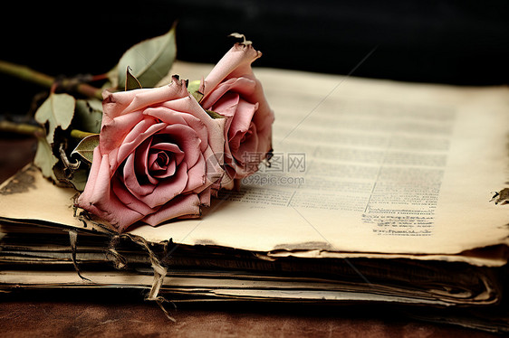 古老书页上的玫瑰花图片