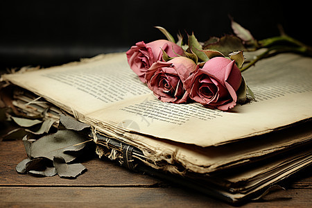 复古书页上的玫瑰花背景图片