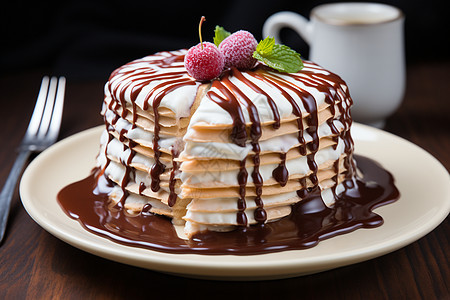 餐盘中的巧克力奶油蛋糕图片