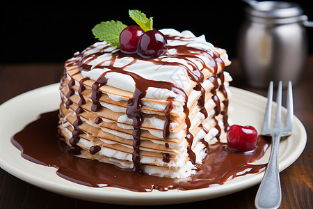 餐盘中的巧克力奶油蛋糕图片