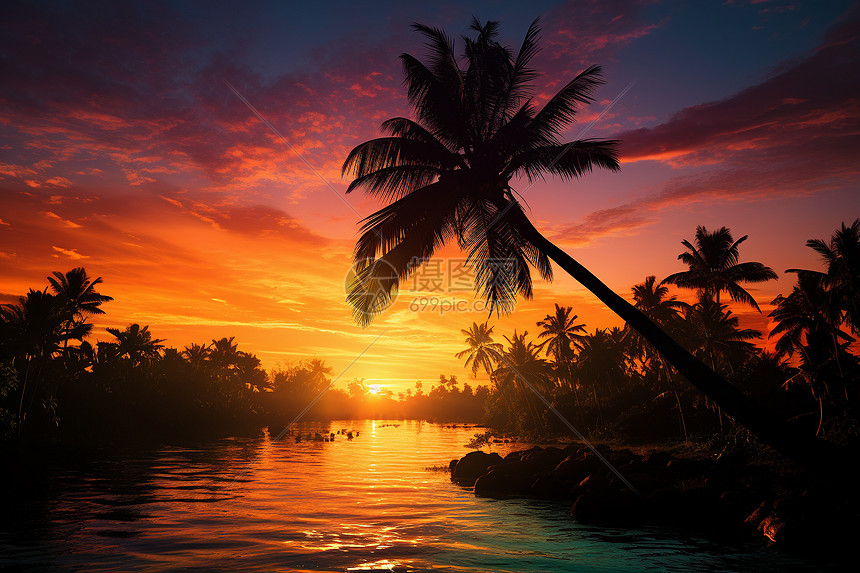 日落时的水域和棕榈树图片