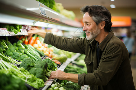 超市中年男子挑选蔬菜图片