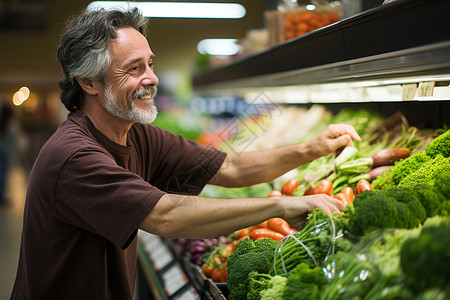 超市中年男子挑选蔬菜图片
