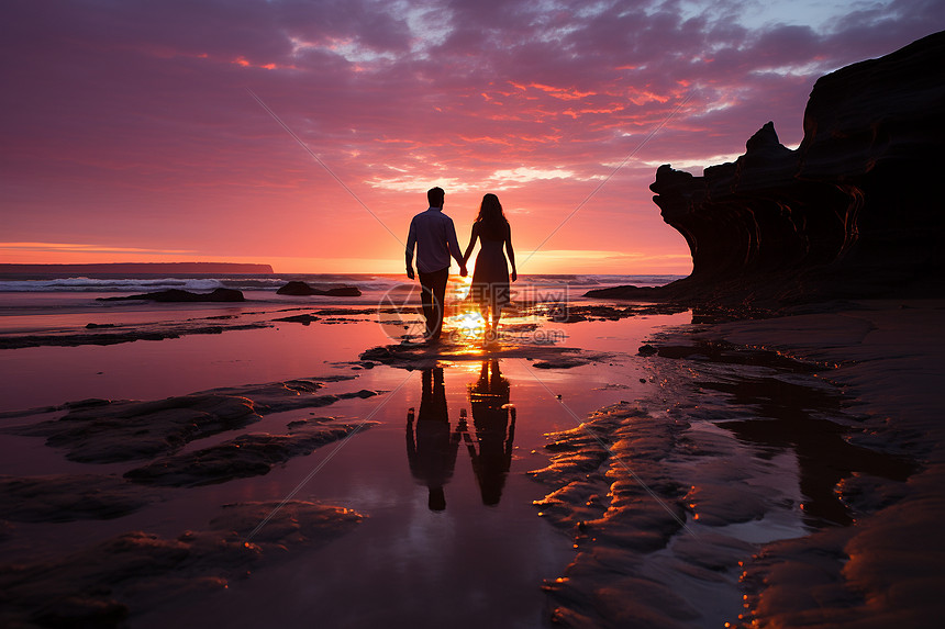 情侣徜徉于沙滩上图片