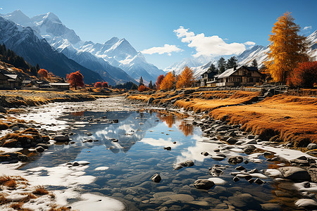 雪山下的河流背景图片