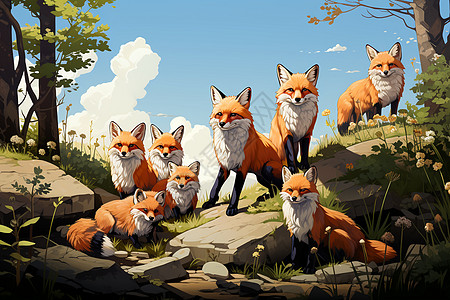 石山旁的狐狸群图片