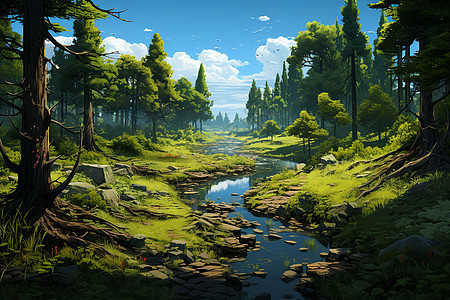 插画森林中的河流图片