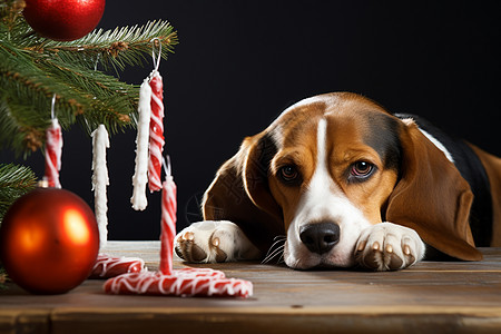 独自在圣诞树旁躺着的狗狗图片