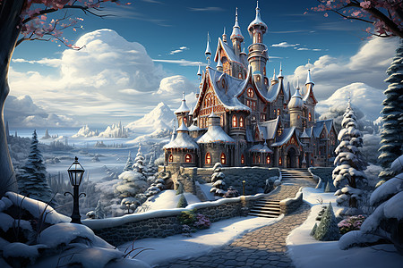 冬日童话城堡的创意插图背景图片