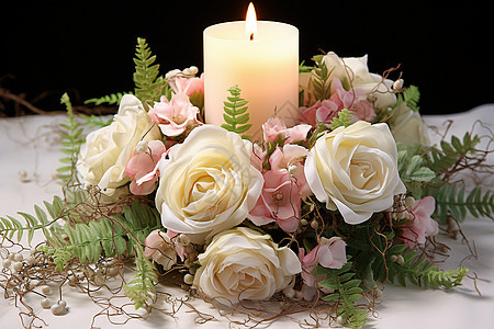 花束与点燃的蜡烛图片