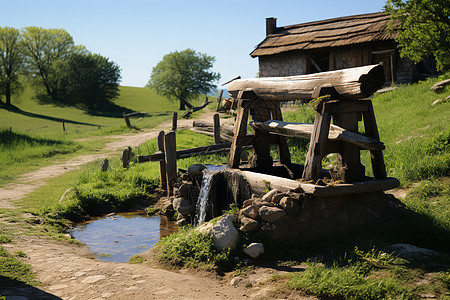田园里的木制井栏图片