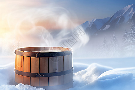 冬季雪山中沐浴的温泉水桶背景图片