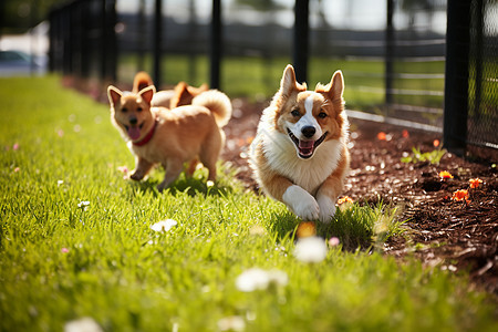 两只狗在草地上奔跑背景图片