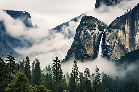 云雾山谷悬崖上的瀑布背景