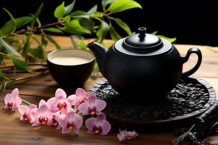 青瓷茶具和兰花图片