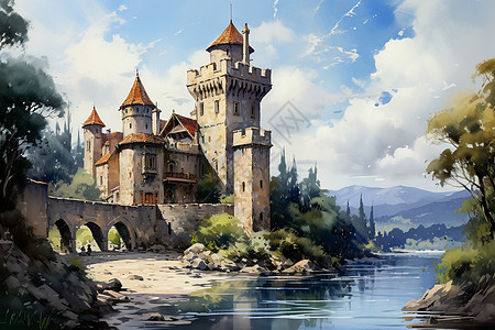 手绘艺术的湖畔城堡建筑图片