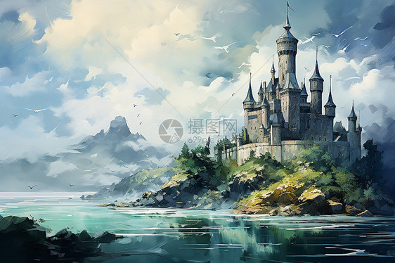 风景优美的湖畔城堡建筑图片
