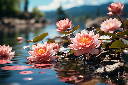 夏季池塘中绽放的莲花花朵图片