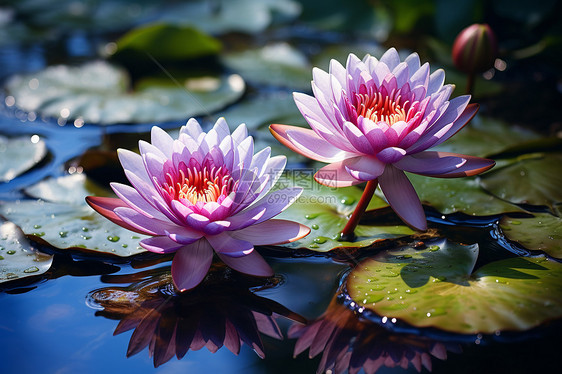 夏季花园池塘中绽放的莲花花朵图片