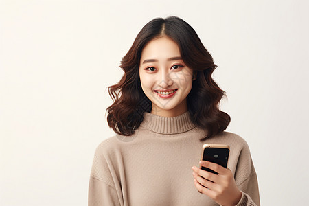 微笑的年轻亚洲女子穿着毛衣在白色背景下使用手机陈继茹推广形象库存照片纯洁图片