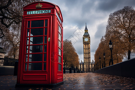 伦敦电话亭红色电话亭与时钟塔背景