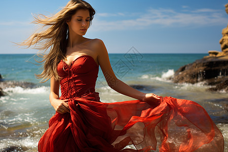 海边的红裙美人高清图片