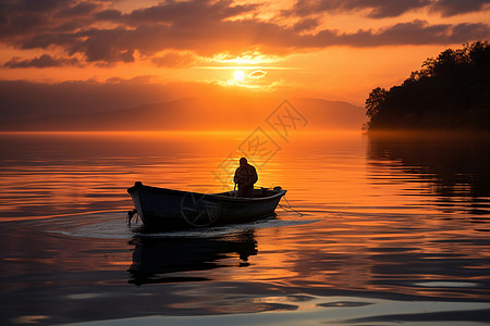 湖中日落渔船图片