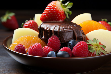 美味的巧克力和水果盘图片