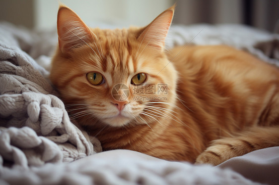 橘色猫咪安静躺在床上图片