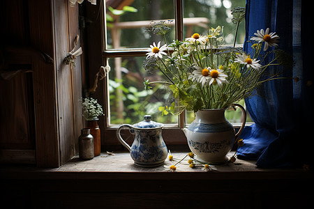 窗台上的一束雏菊图片
