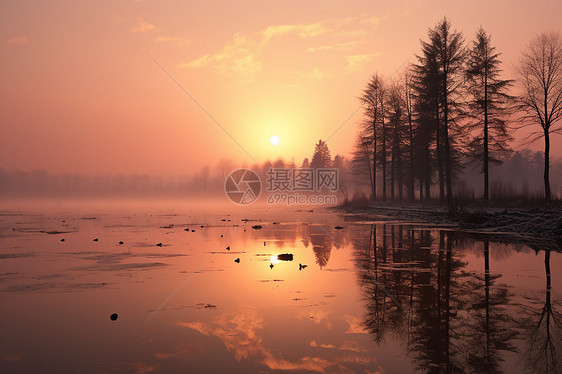 日出下的森林湖畔图片
