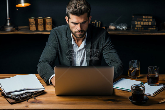 男子使用笔记本电脑办公图片