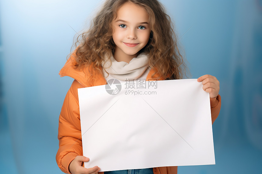 小女孩拿着一张白纸图片