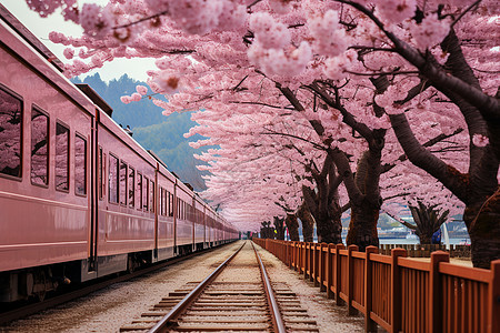 粉色花海中的列车图片