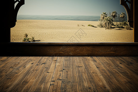 原木房间里的海滩挂画背景图片