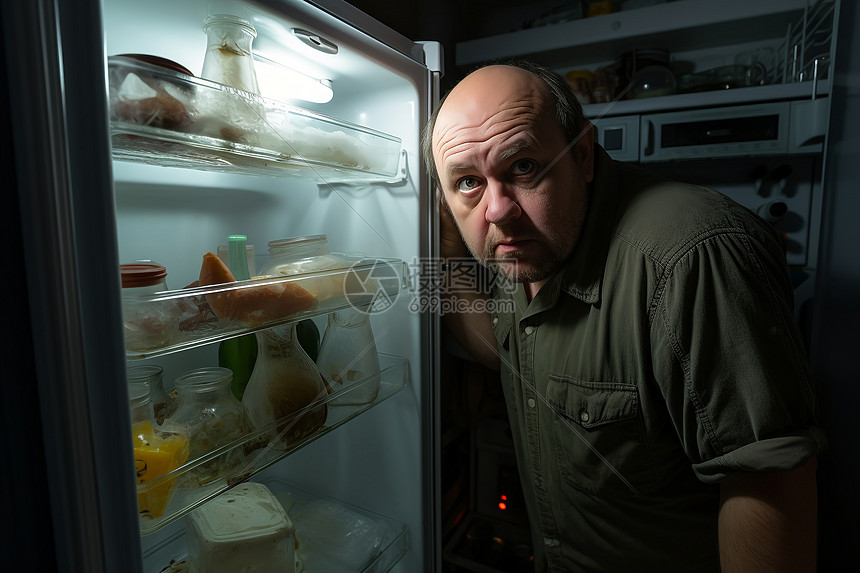 男人在冰箱前看着食物图片