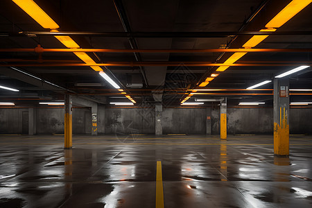 黄灯闪烁的空旷停车库图片