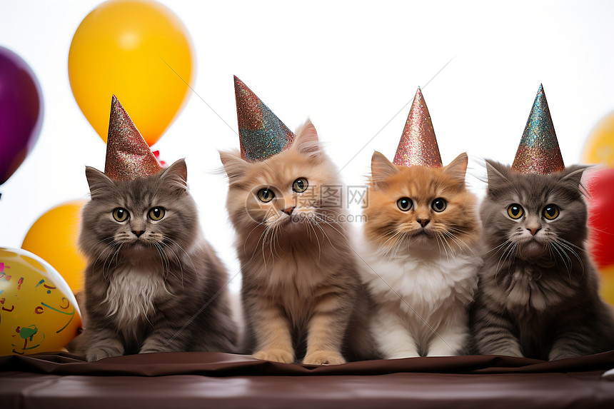 一群戴着派对帽子的猫咪图片