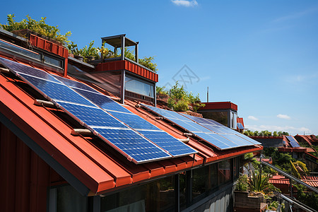 现代屋顶上的太阳能光伏板图片