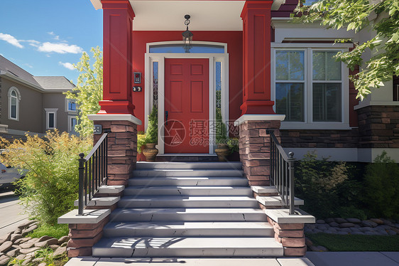 装红色木门的房子图片