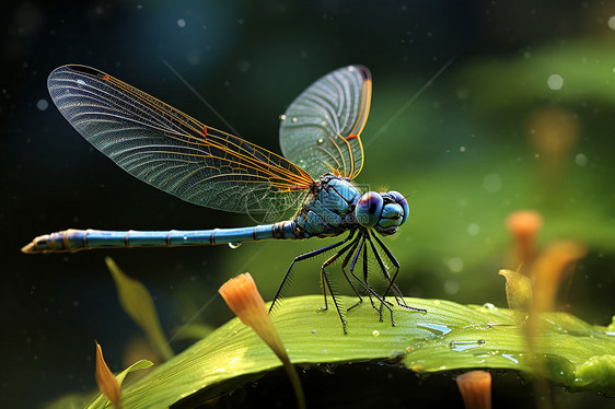雨中的蓝色蜻蜓图片
