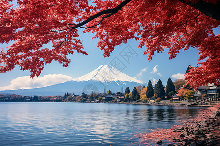 雪中枫叶雪山下的小镇湖泊背景