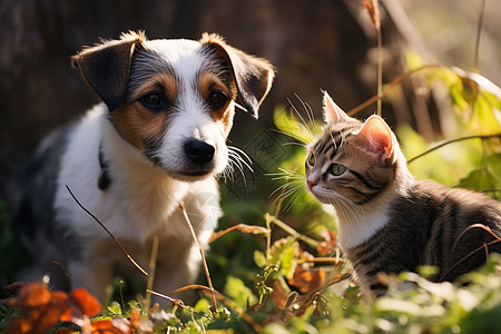 花园里的猫狗背景图片