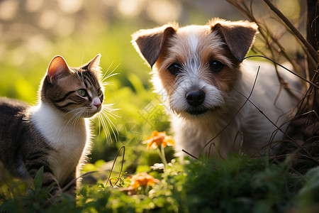 草地上的猫狗图片