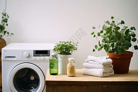 洗衣机旁的清洁剂图片