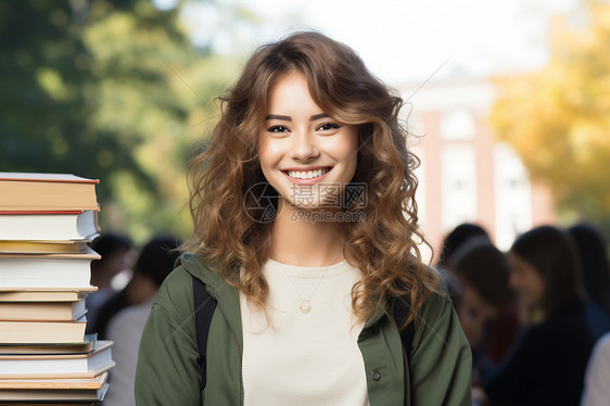 女大学生在书堆前微笑图片